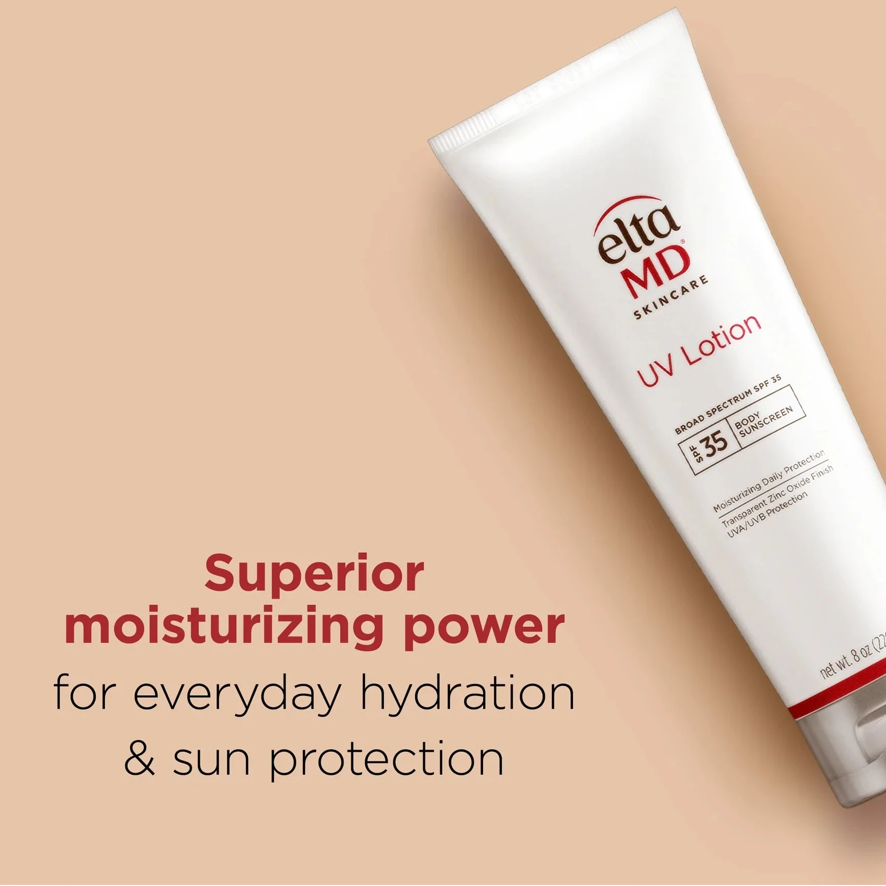 Elta MD UV Lotion tube on a beige background with text about moisturizing power and sun protection.