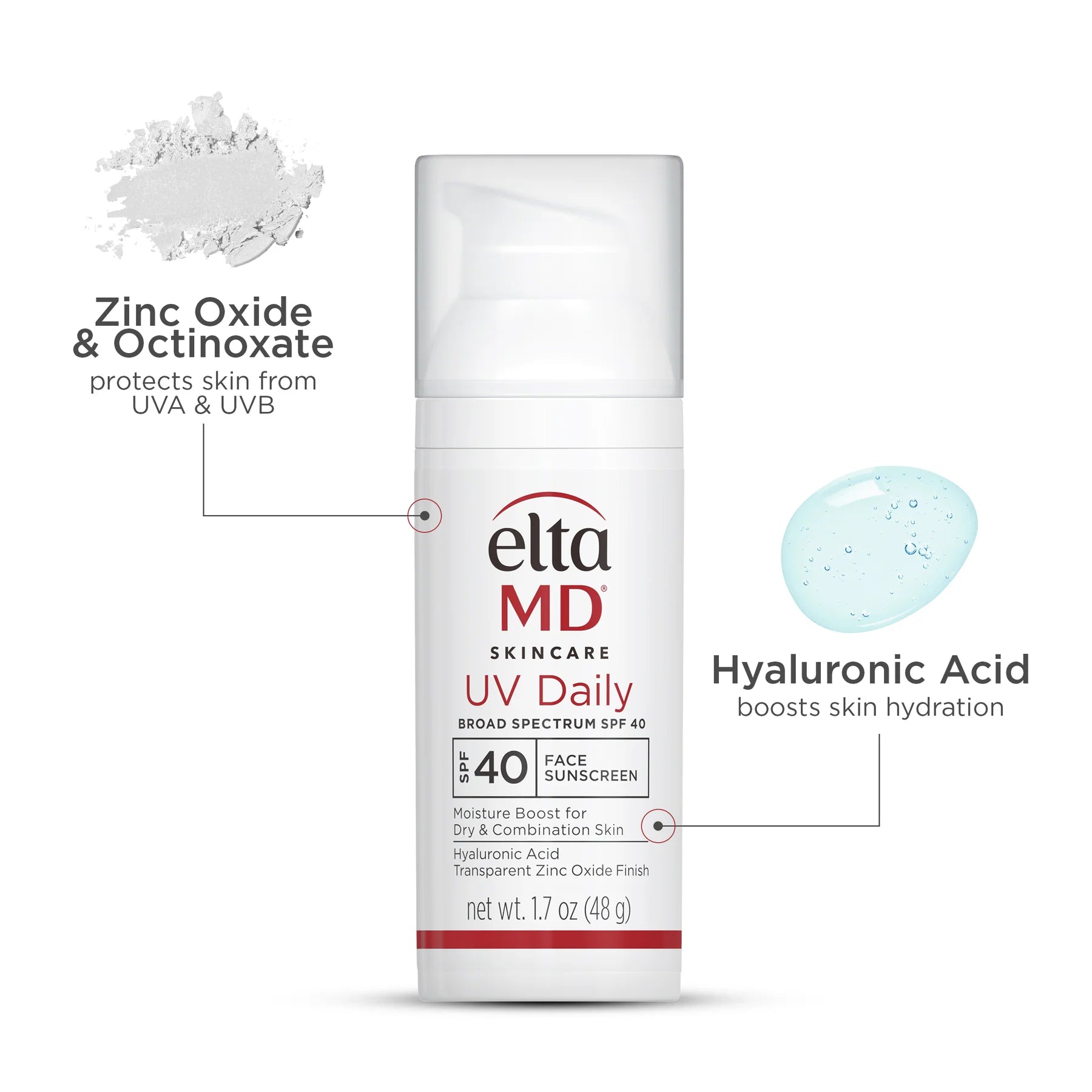 EltaMD UV Daily sunscreen bottle with text highlighting ingredients and benefits on a white background