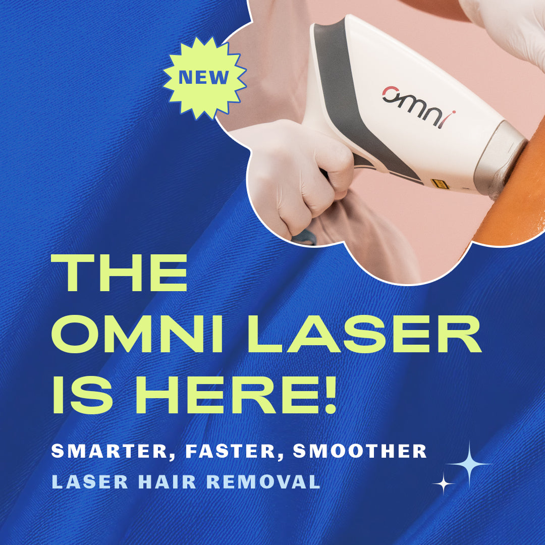 Advertisement for the Omni laser hair removal device with a blue background and text highlighting features.