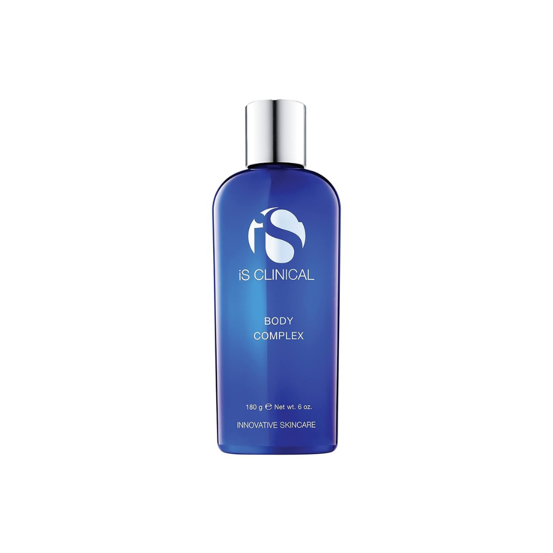 Blue bottle of IS Clinical Body Complex on a white background