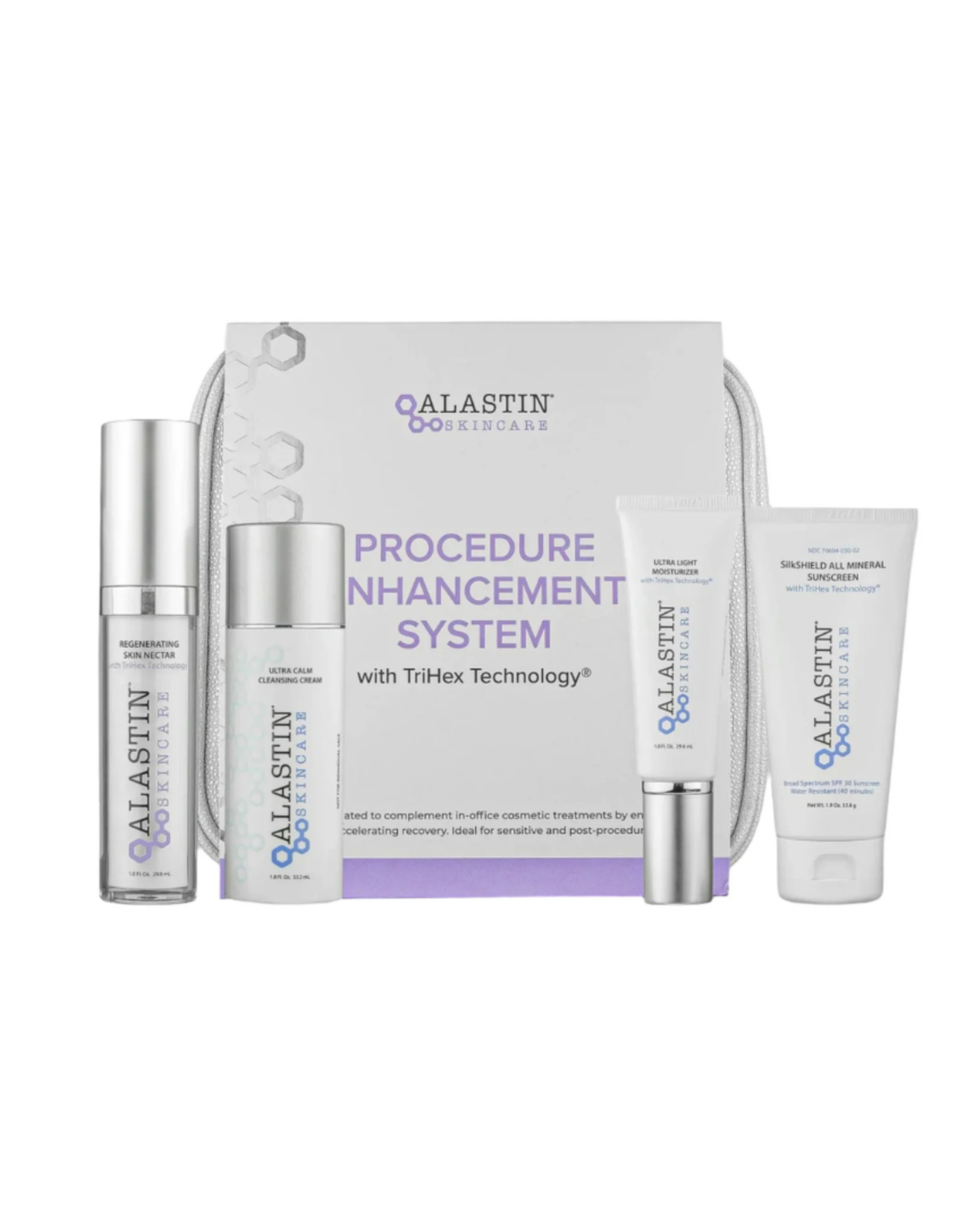 Galastin skincare procedure enhancement system with multiple products on a white background