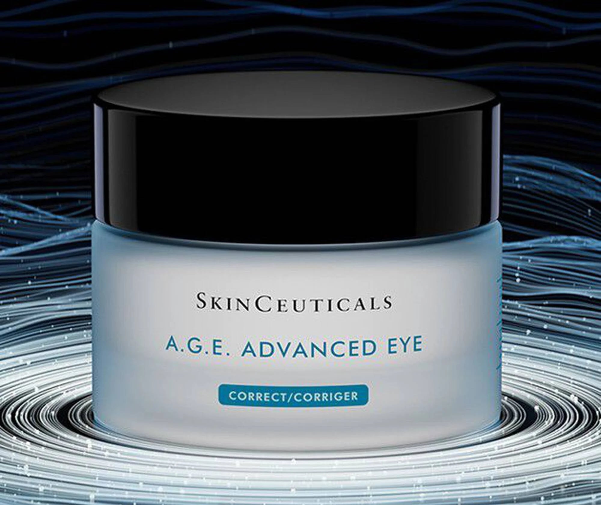 Skinceuticals A.G.E. Advanced Eye cream jar on a swirling blue and black background