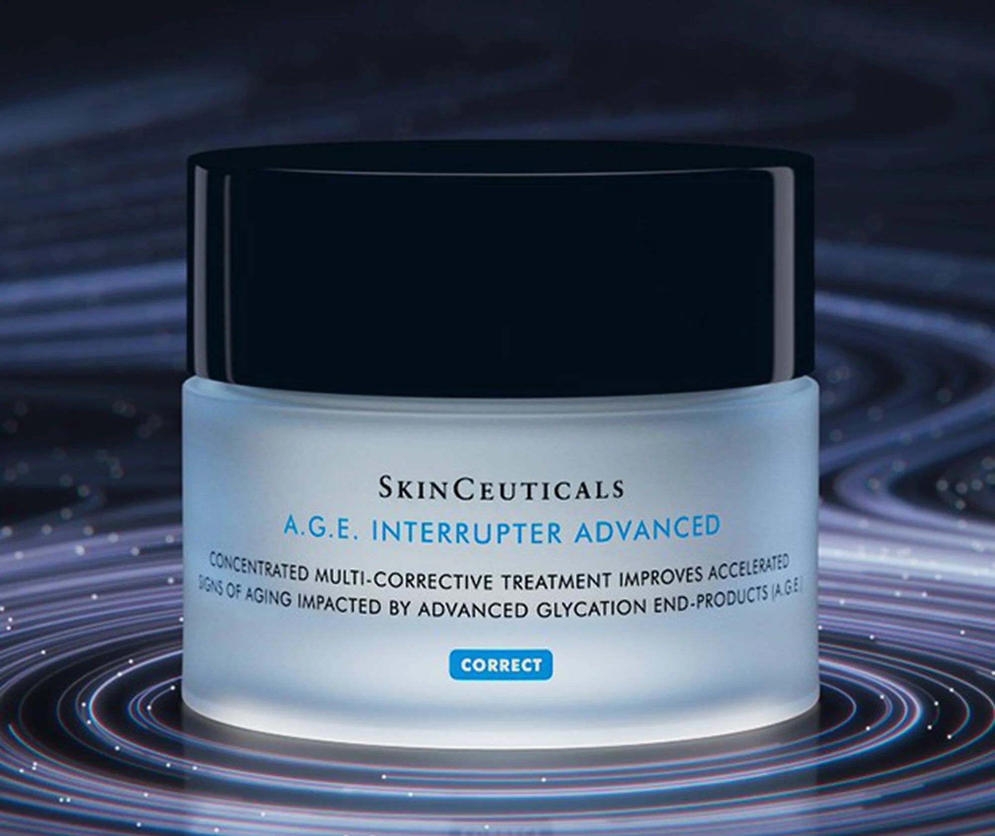 Skinceuticals A.G.E. Interrupter Advanced jar on a dark background with concentric circles.