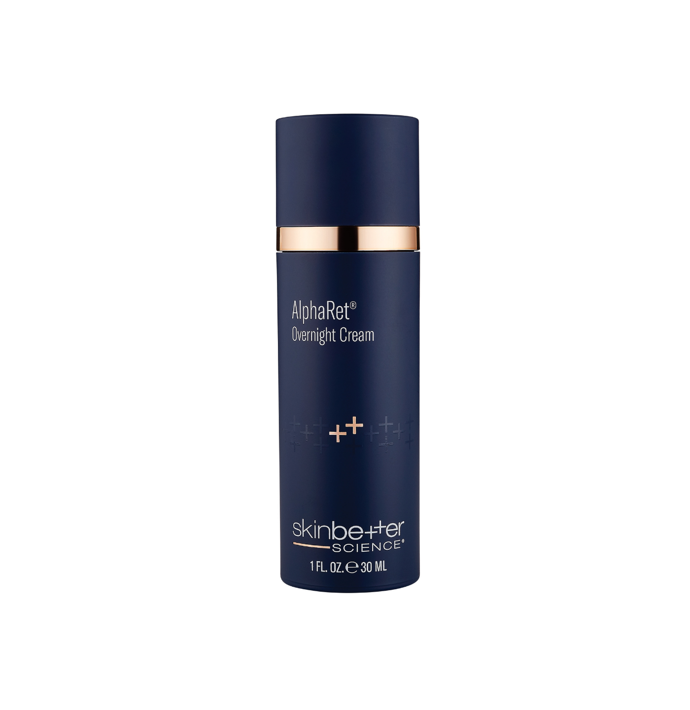 Blue skincare bottle labeled 'AlphaRet Overnight Cream' by skinbetter science on a white background