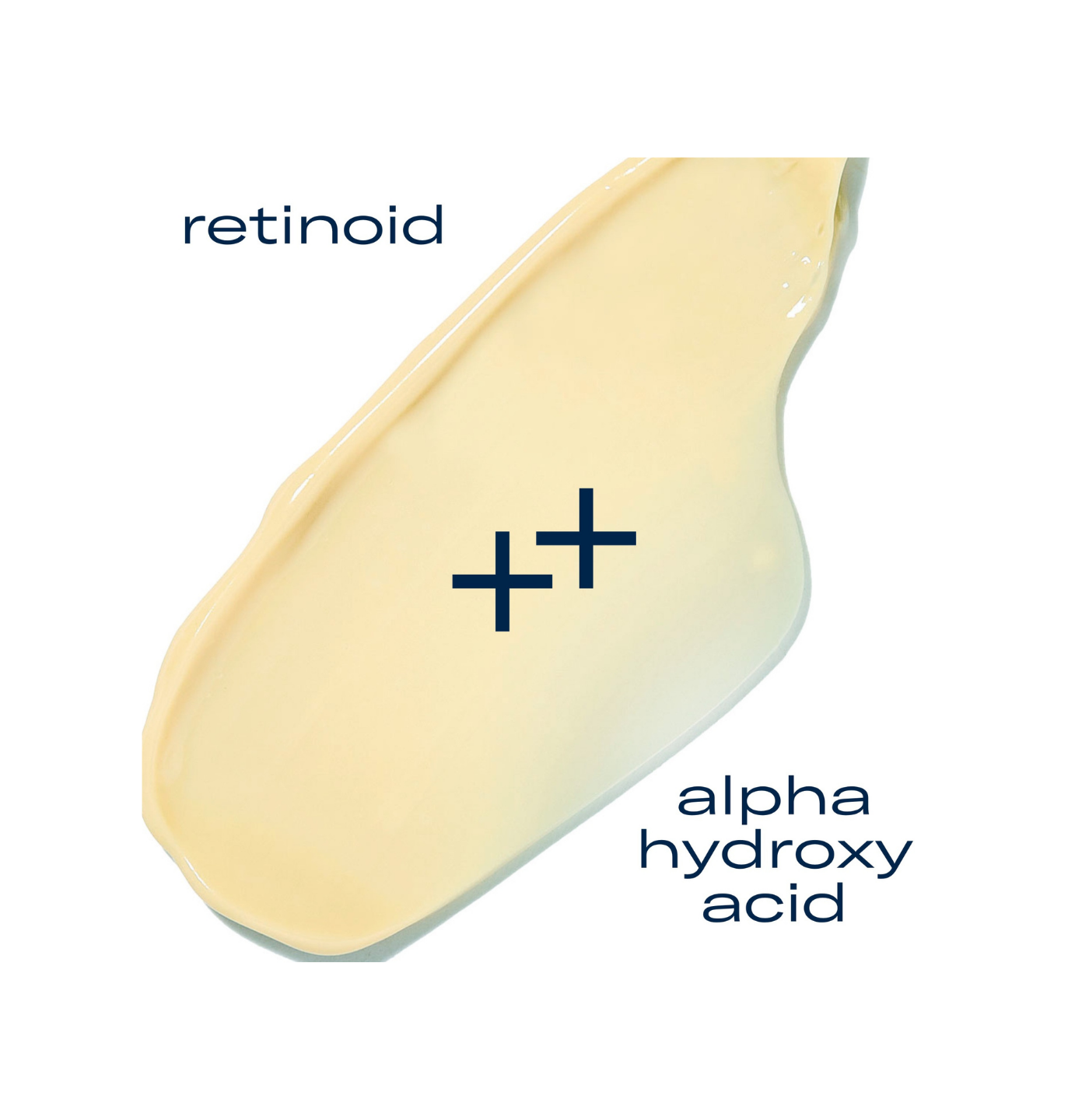 Close-up of a skincare product with 'retinoid' and 'alpha hydroxy acid' text on a white background
