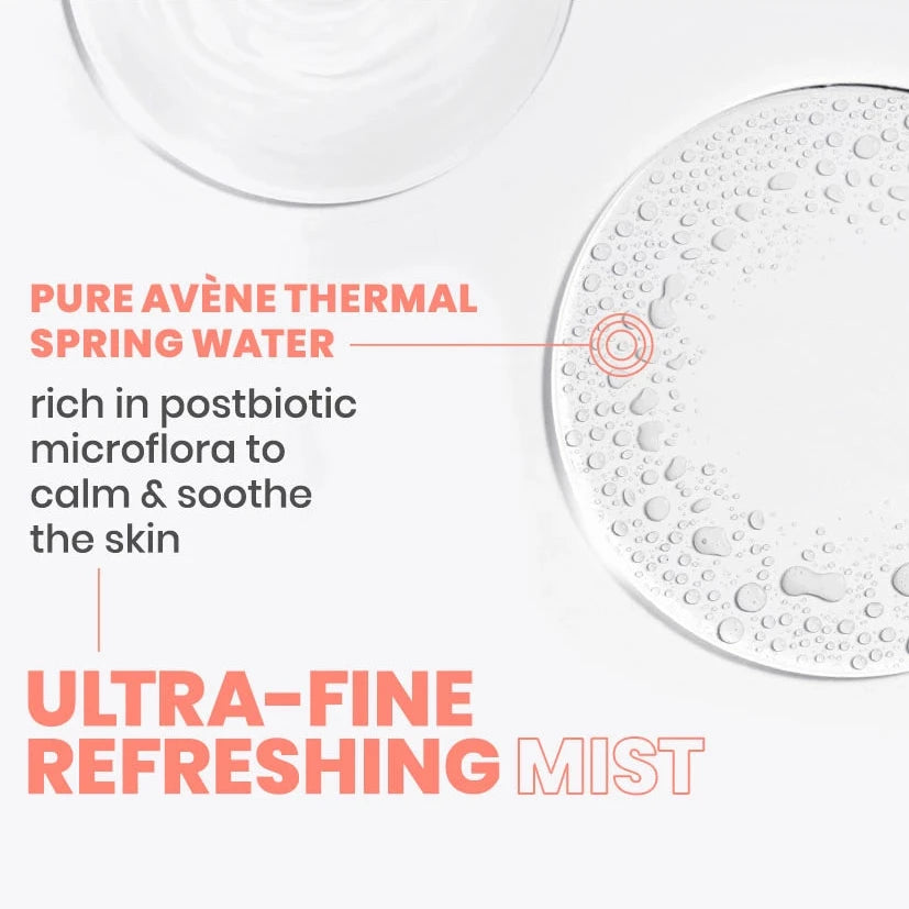 Product packaging with text about Pure Avène Thermal Spring Water and ultra-fine refreshing mist.