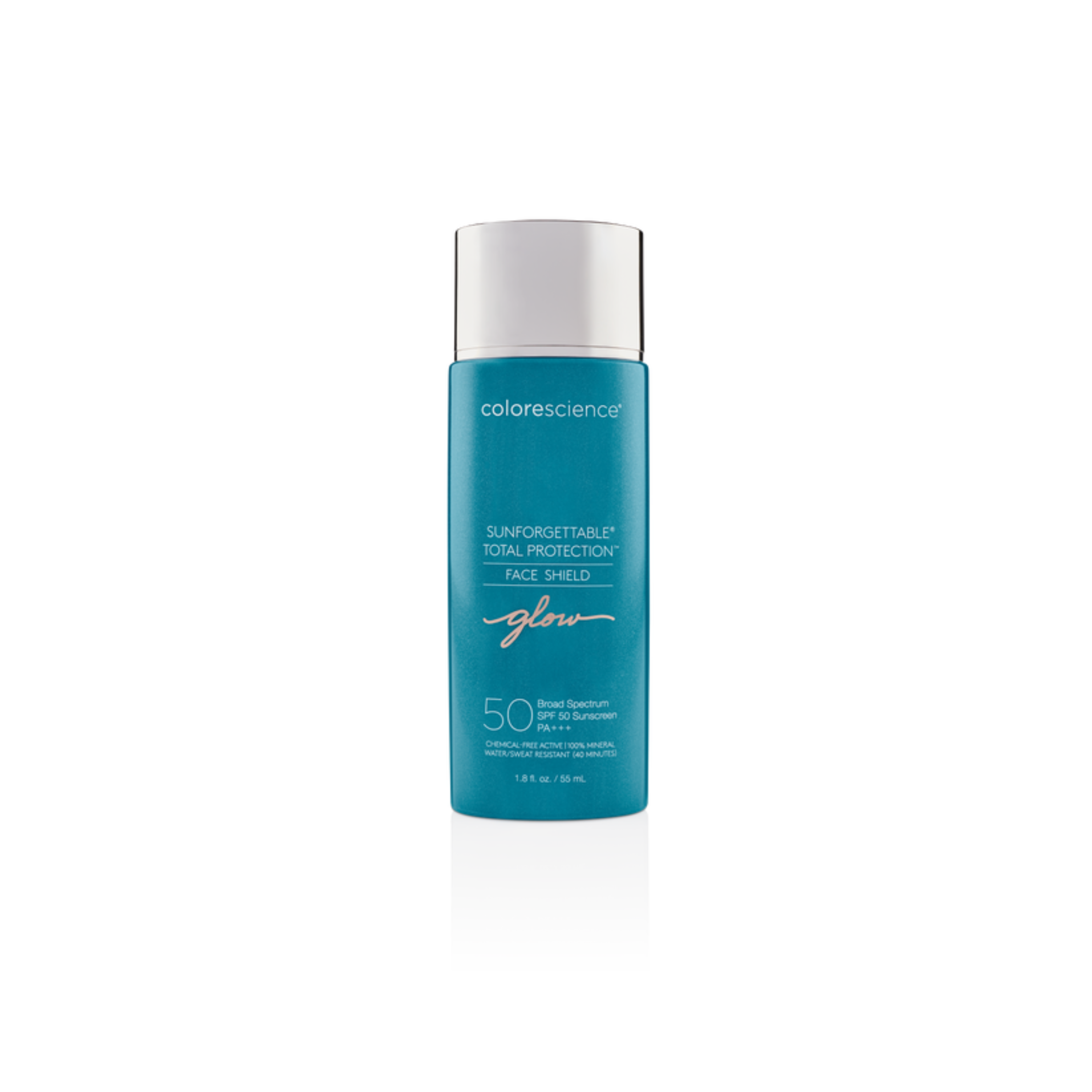 Blue bottle of Colorescience Sunforgettable Total Protection Face Shield on a white background