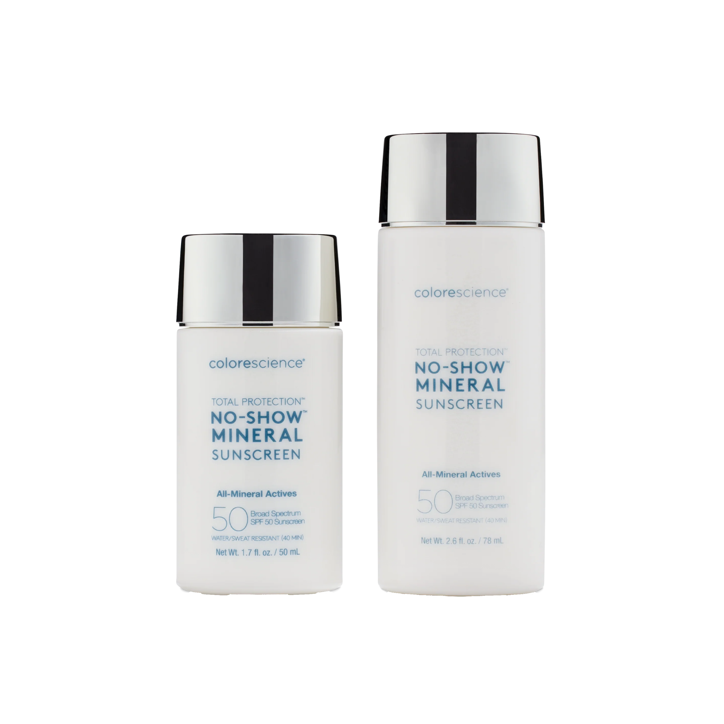 Two bottles of Colorescience No-Show Mineral Sunscreen on a white background