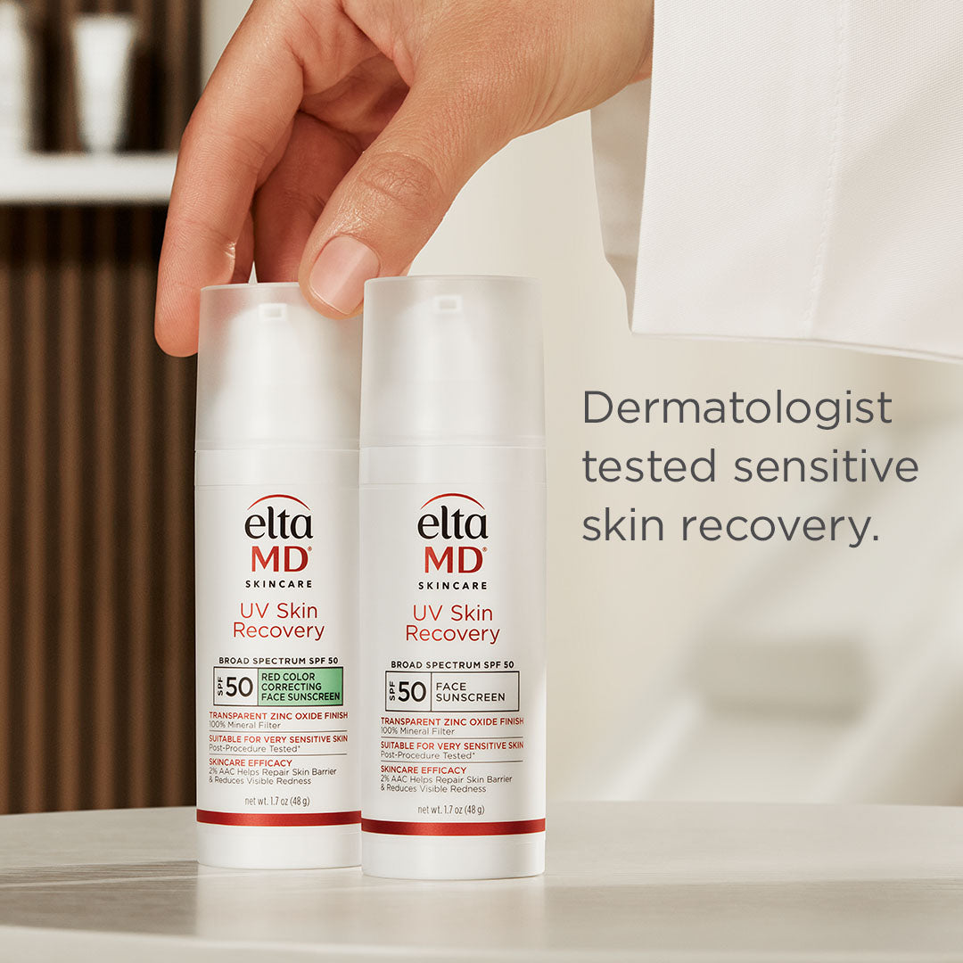 2 UV Skin Recovery EltaMD bottlees on a flat surface. 