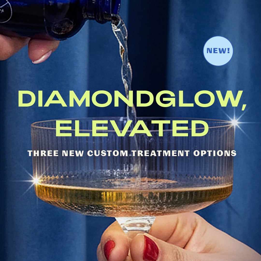 DiamondGlow skincare product being poured into a glass with promotional text on a blue background