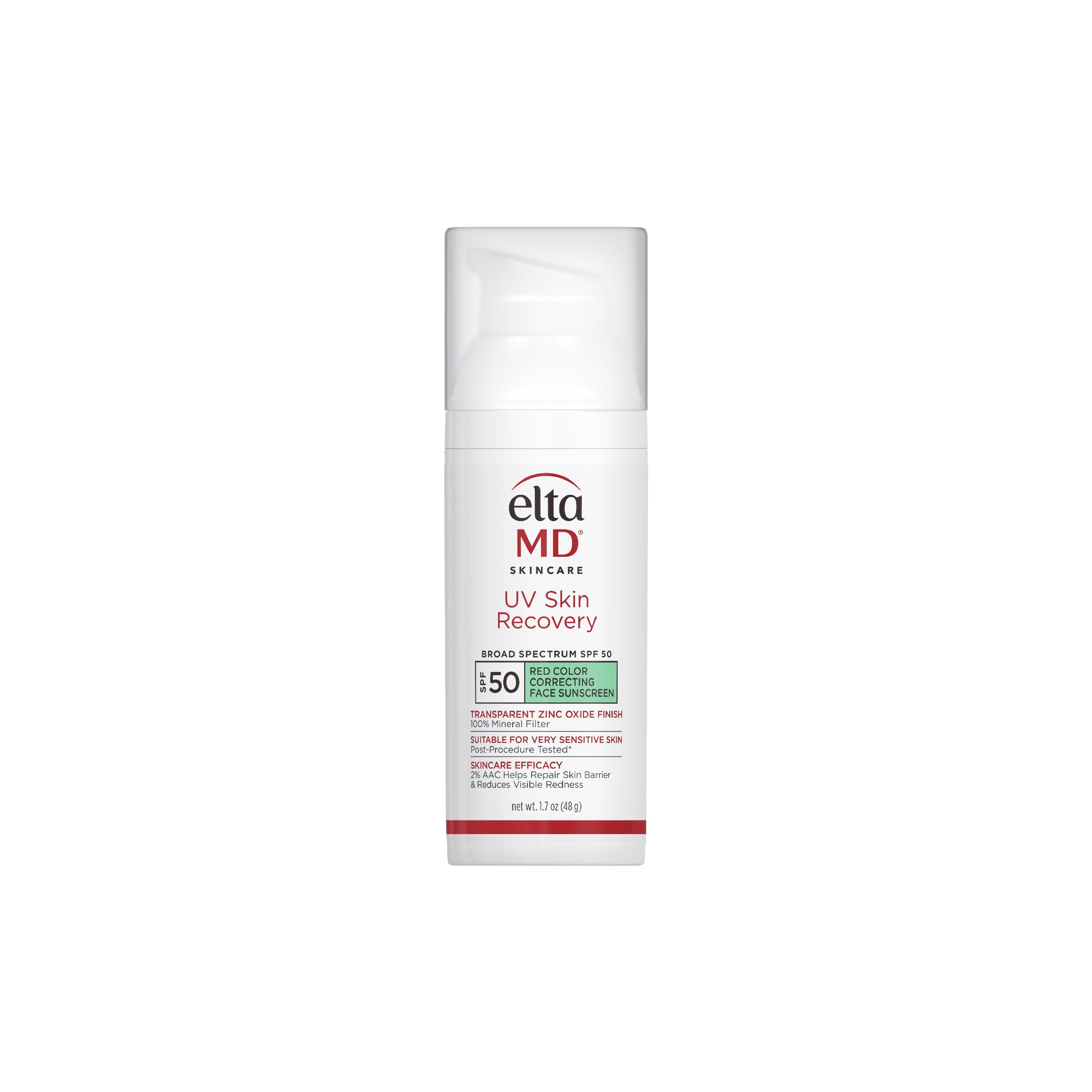 A pump bottle of EltaMD UV Skin Recovery sunscreen with a green tint, indicating broad-spectrum SPF 50 protection.