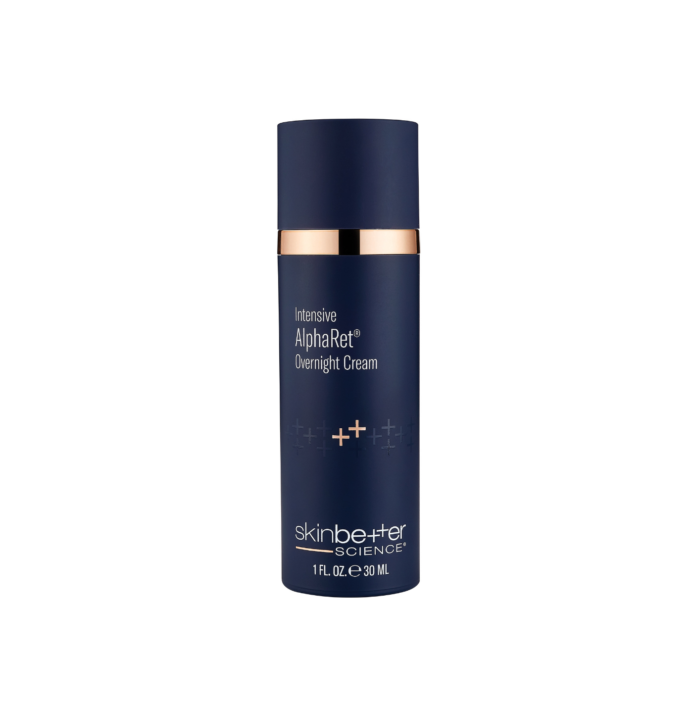 Blue skincare bottle with gold accents on a white background