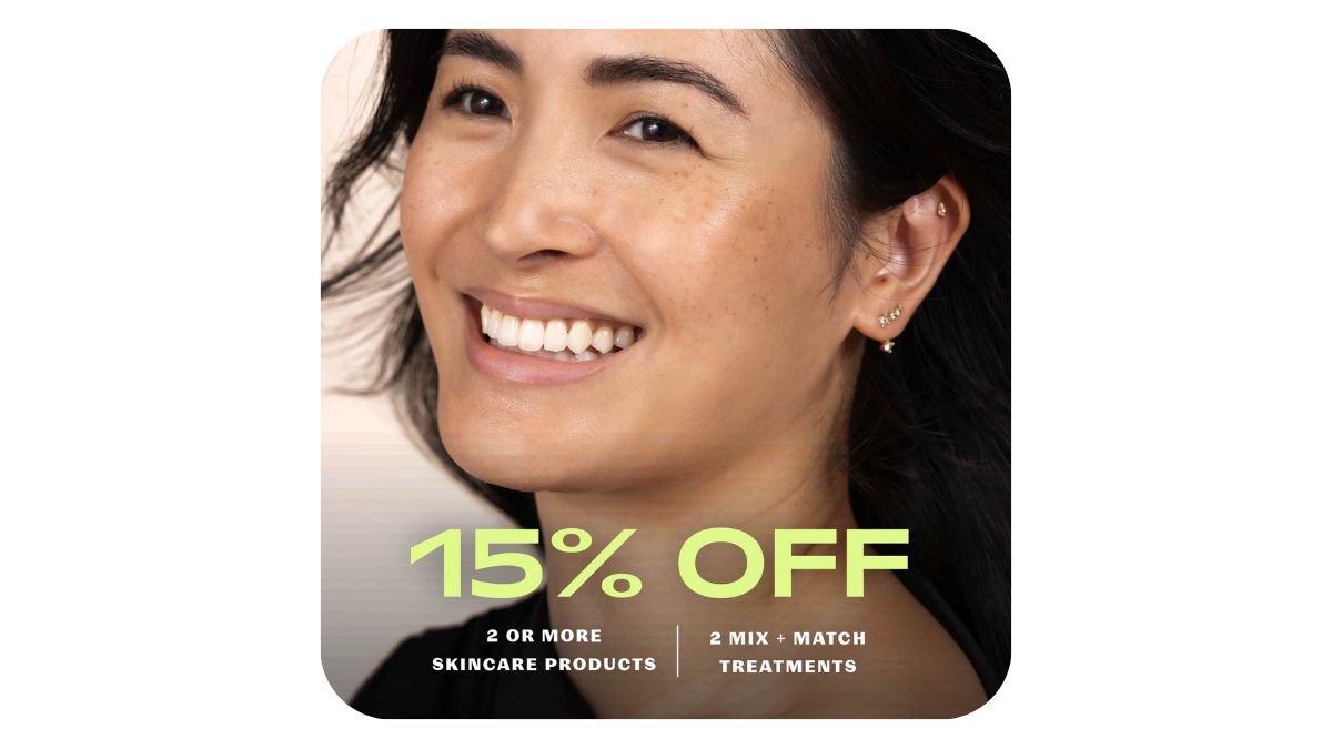 Promotional card with a woman's face and 15% off skincare offer on a white background