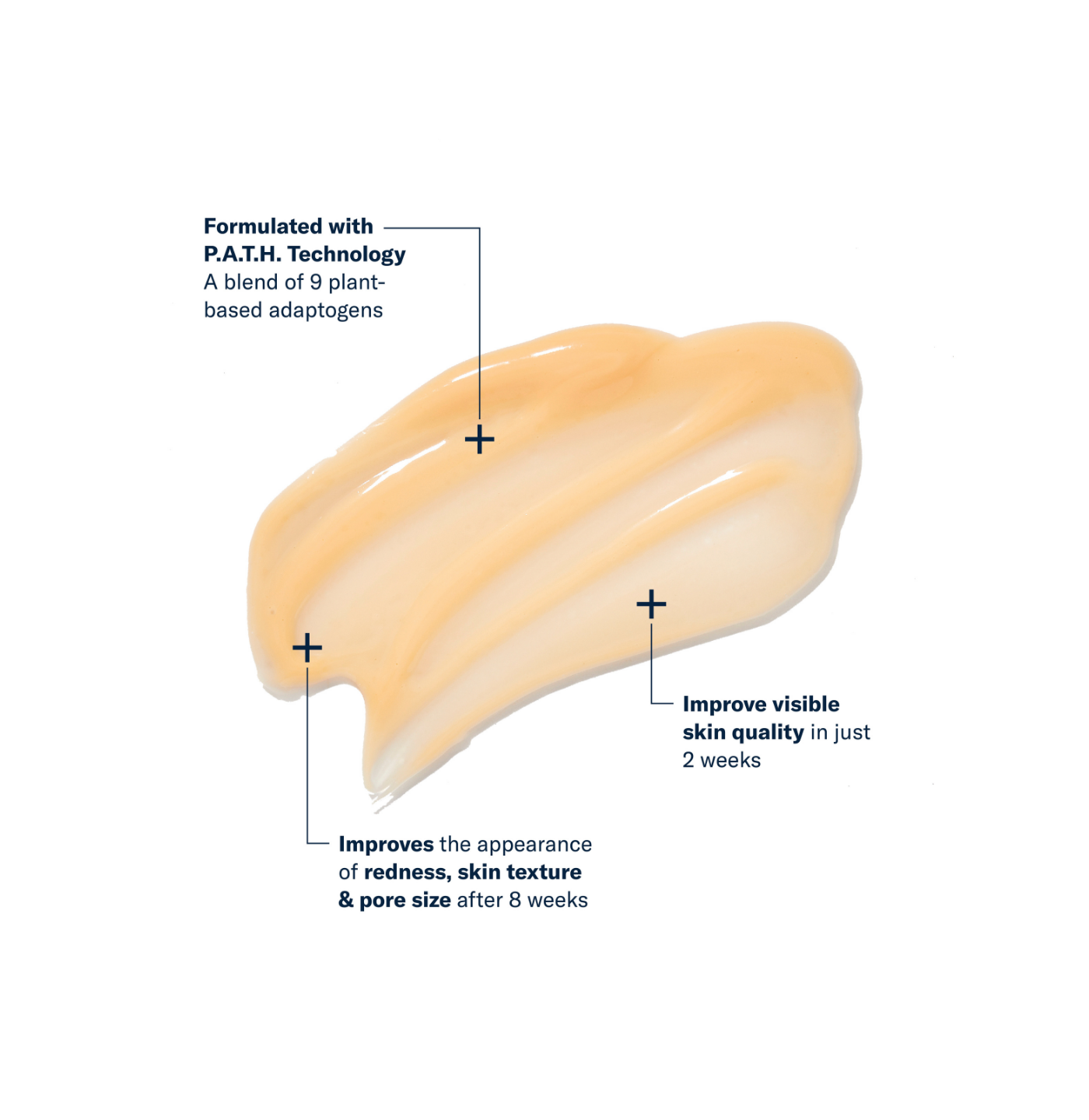 Product swatch with text highlighting benefits on a white background