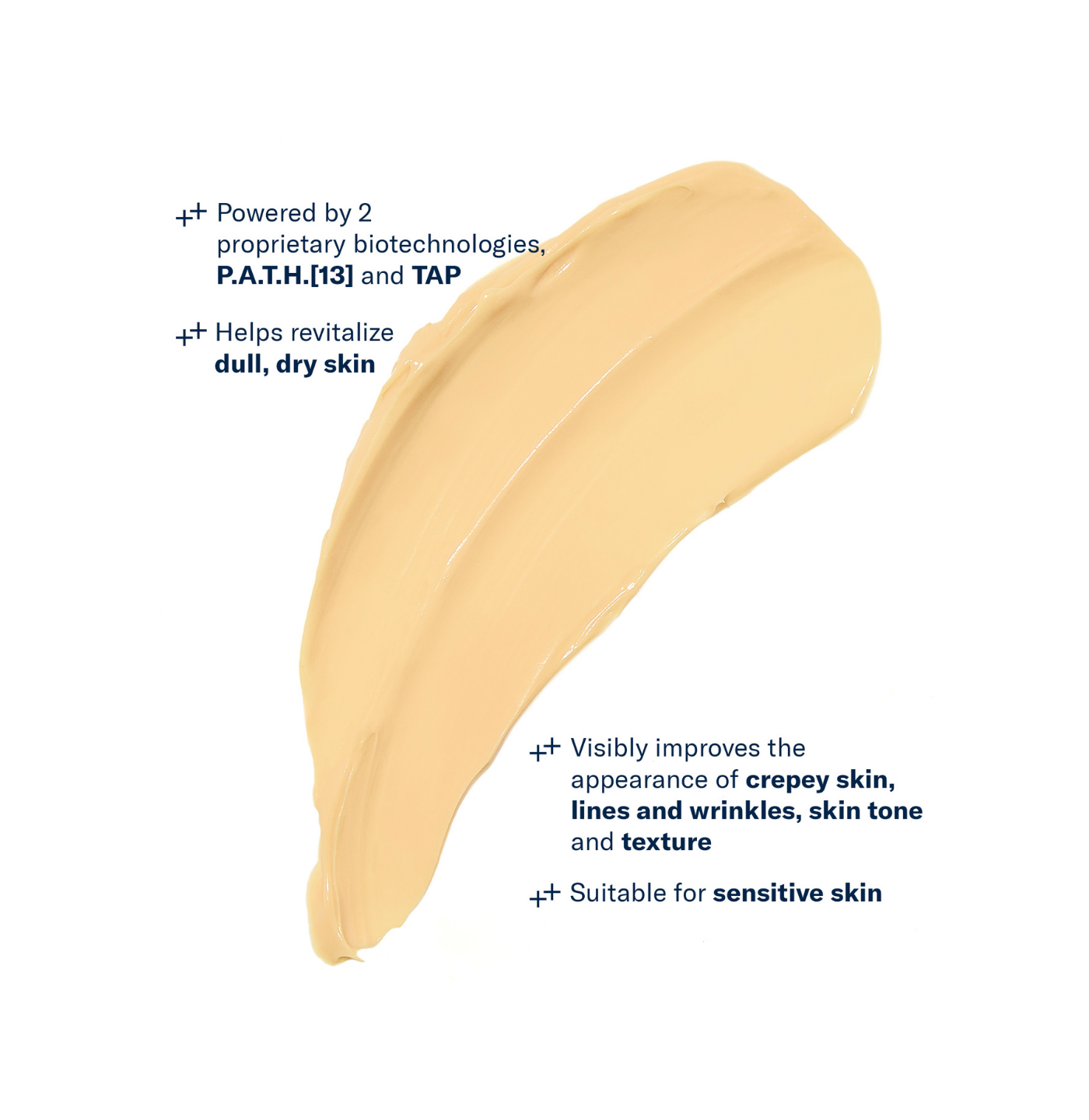 Cosmetic product with text highlighting its benefits on a white background