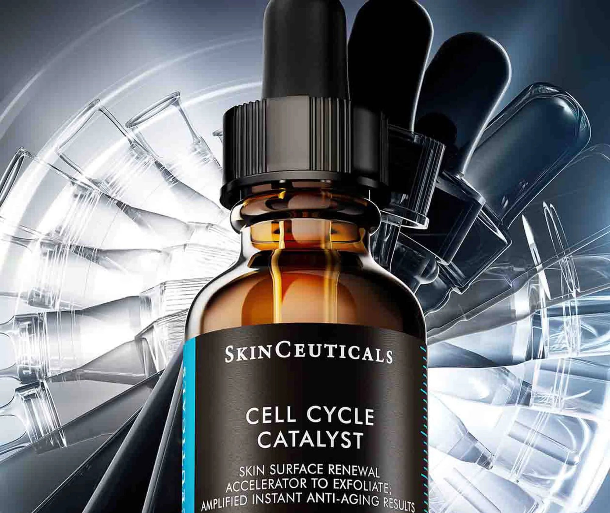 SkinCeuticals Cell Cycle Catalyst skincare serum bottle with abstract background