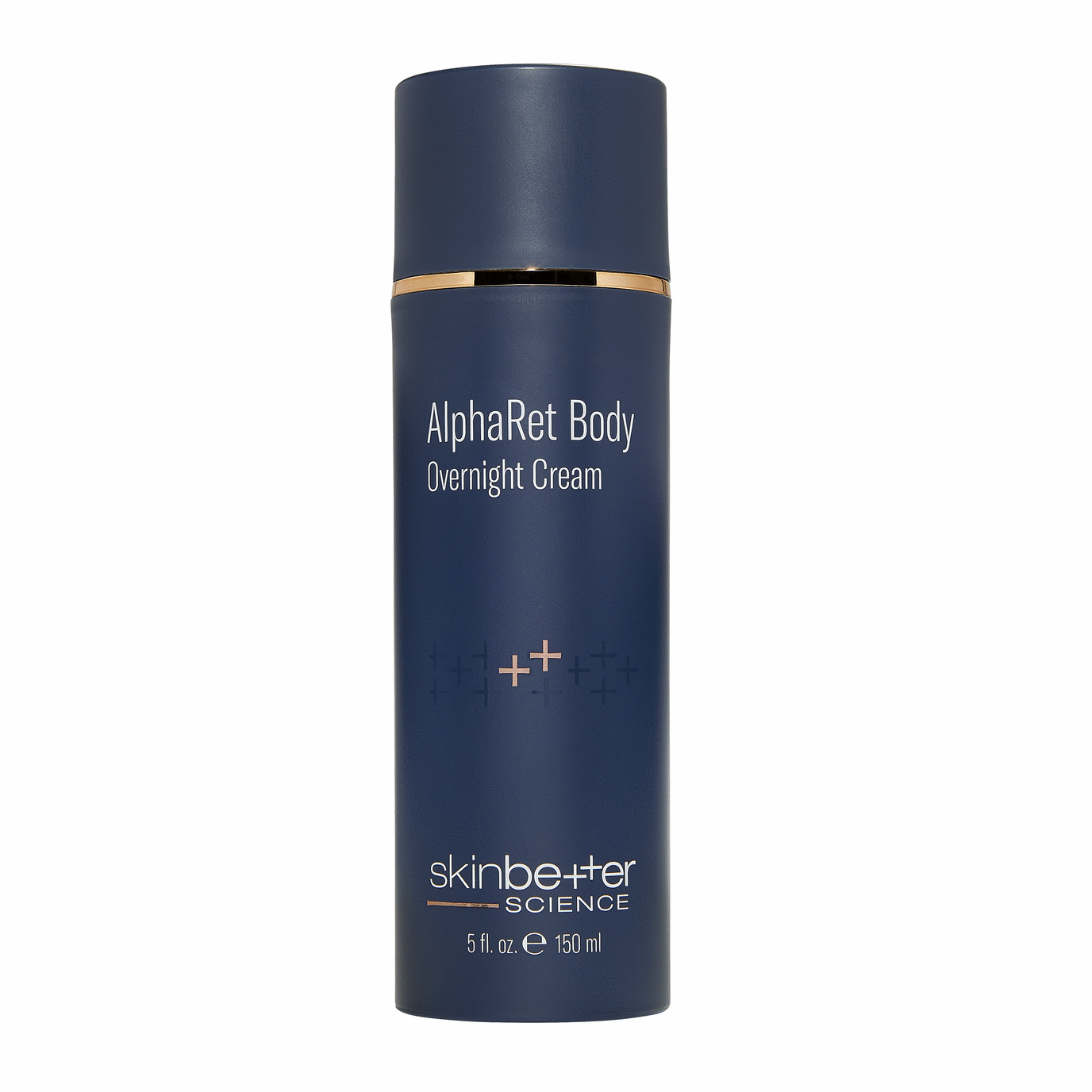 Blue skincare bottle labeled 'AlphaRet Body Overnight Cream' by skinbetter science on a white background