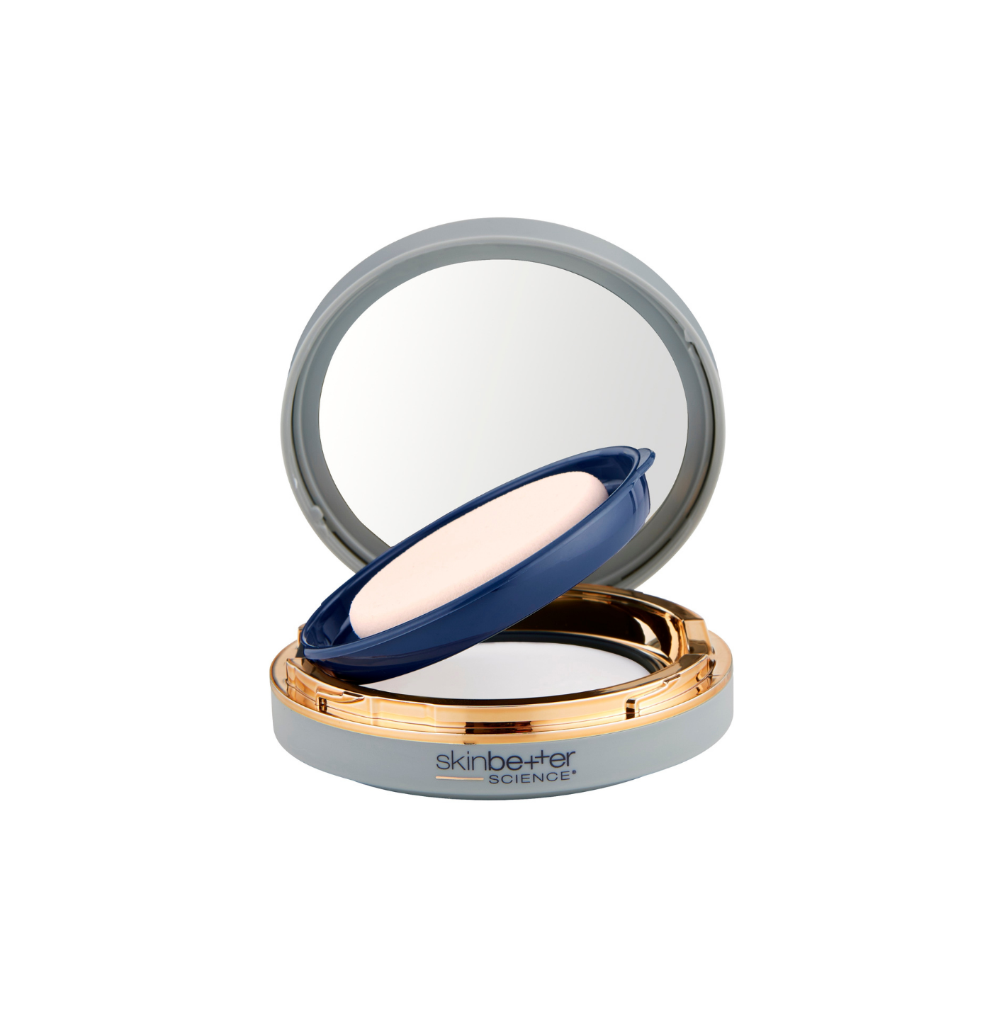 Compact powder with mirror and blue lid on a white background
