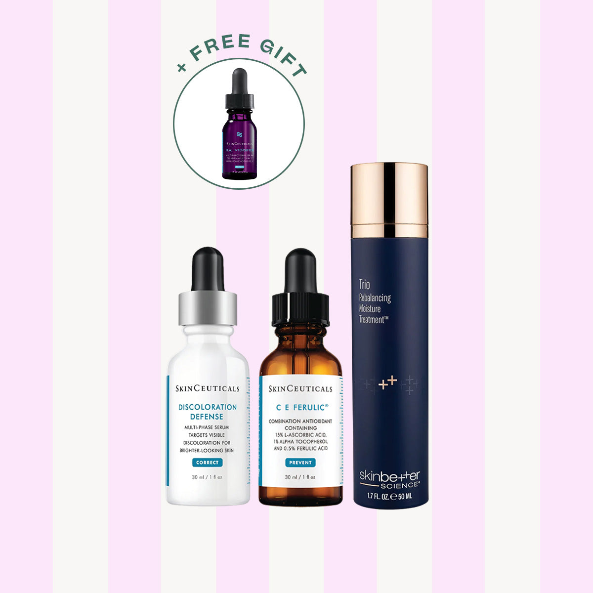 Three skincare products arranged on a pale pink and white striped background: a white bottle labeled Decoloration Defense, an amber bottle labeled C & Ferulu+, and a tall navy bottle labeled The Radiating Moisture Treatment. A circular badge at the top says “+ FREE GIFT” and points to a small purple dropper bottle.