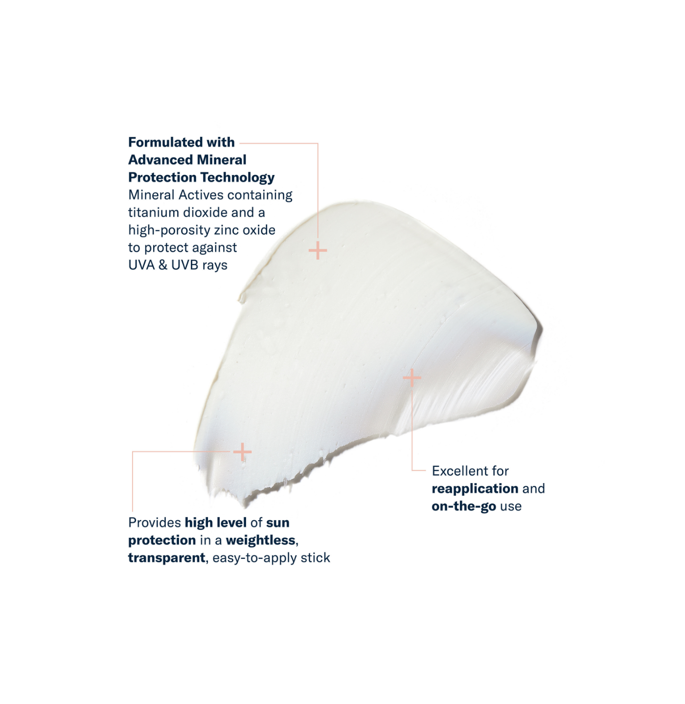 White sunscreen stick with text highlighting features on a white background