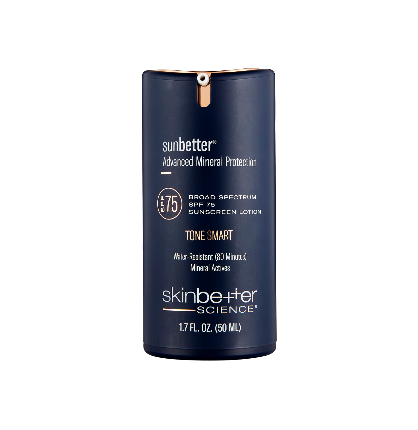 Blue sunscreen lotion bottle with 'sunbetter' branding on a white background