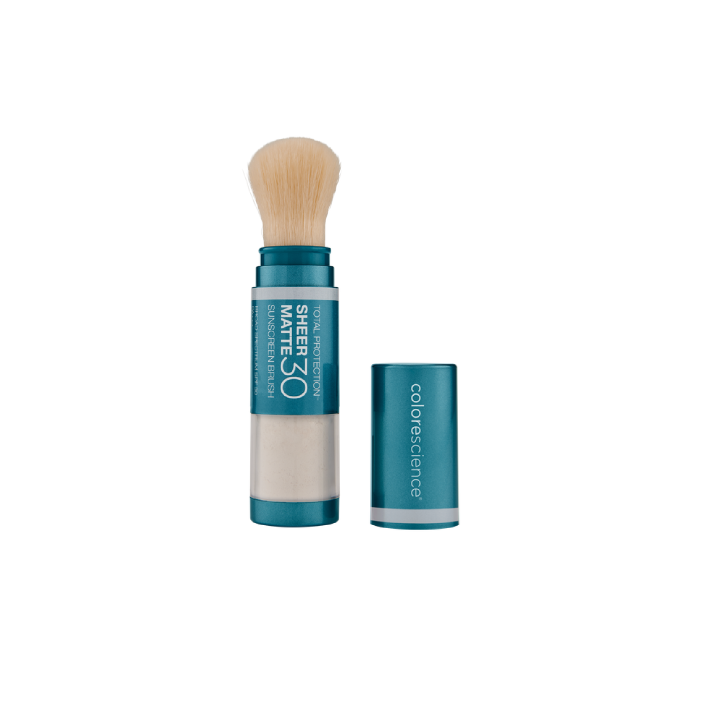 Colorescience brush with blue handle and white bristles on a white background